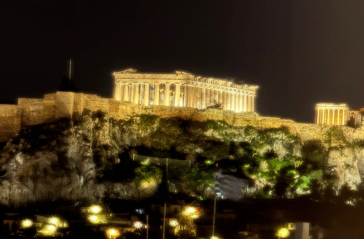 The floodlit Acropolis from Tudor Hall, on the King George rooftop