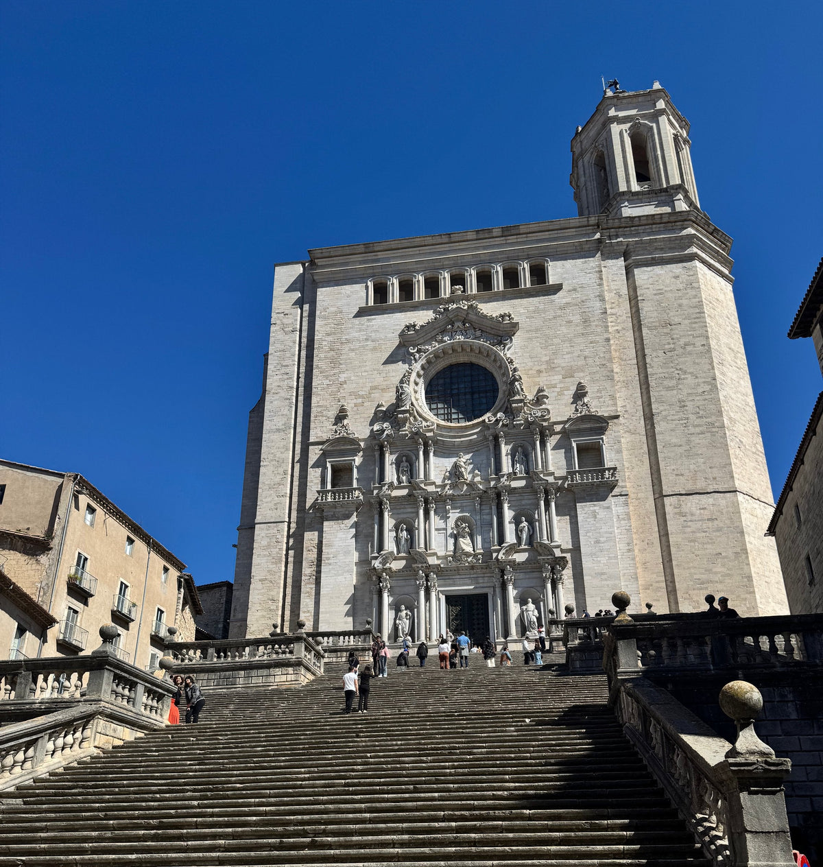 The 86 stone steps up to the baroque façade of Girona Cathedral