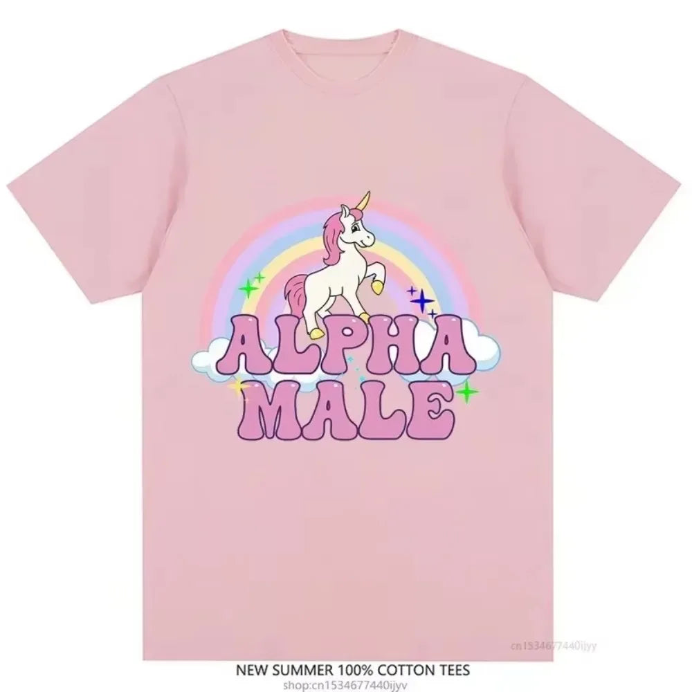 T-shirt licorne Alpha Male, t-shirts graphiques arc-en-ciel, t-shirts amusants, mode femme, hip-hop, hommes, hauts en coton, vêtements esthétiques unisexes