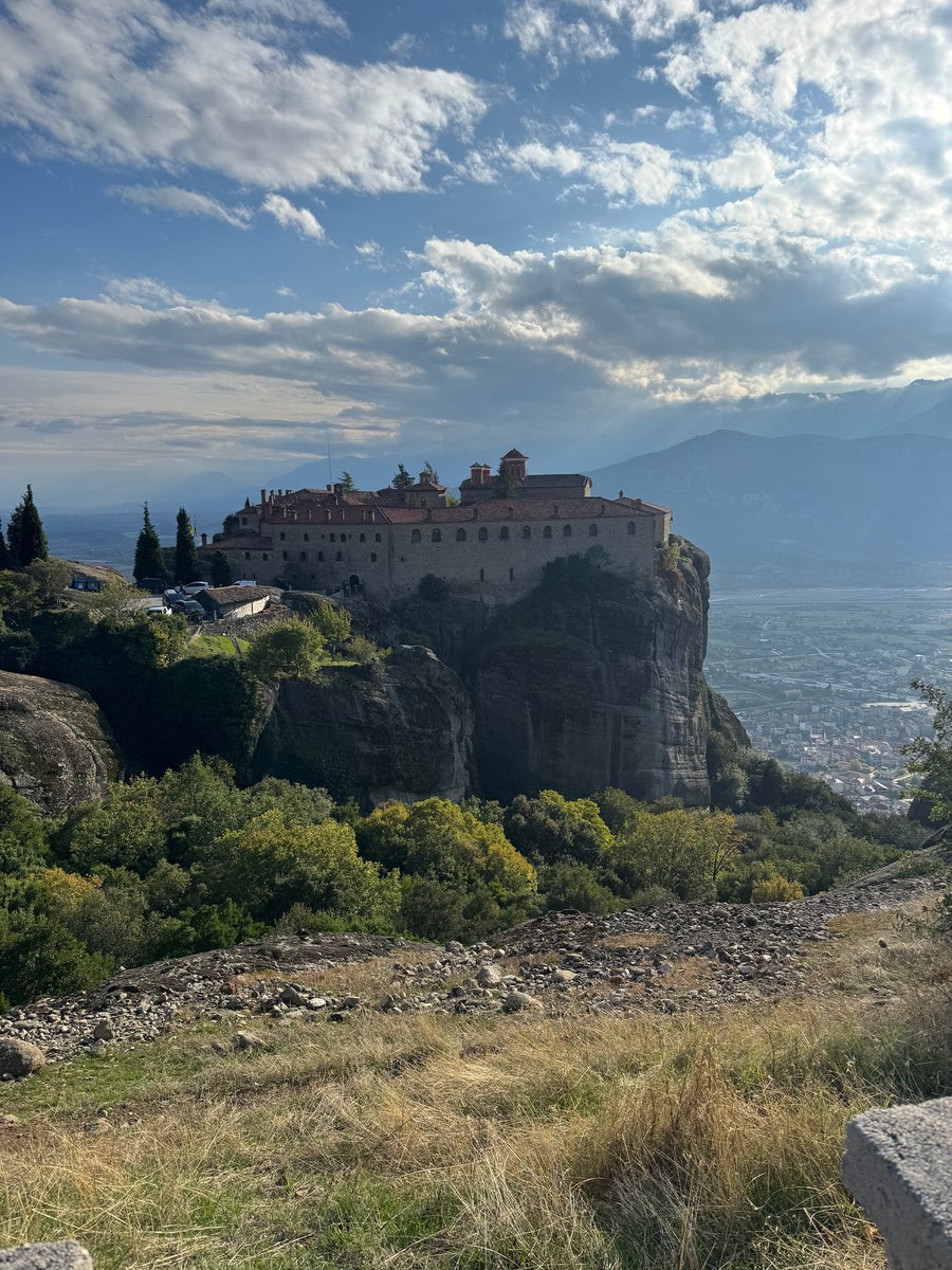 Meteora at golden hour, St Stephen's on its rock